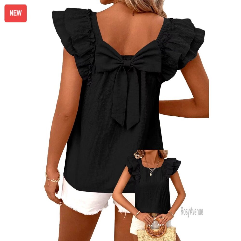Ruffle Sleeve Bow Back Chiffon Tunic Blouse Regular Fit Summer Top